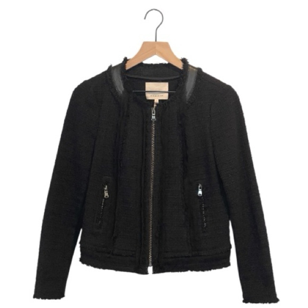 Rebecca Taylor Black Textured, Tweed Blazer, Front Zip, Round Neck, Size 4